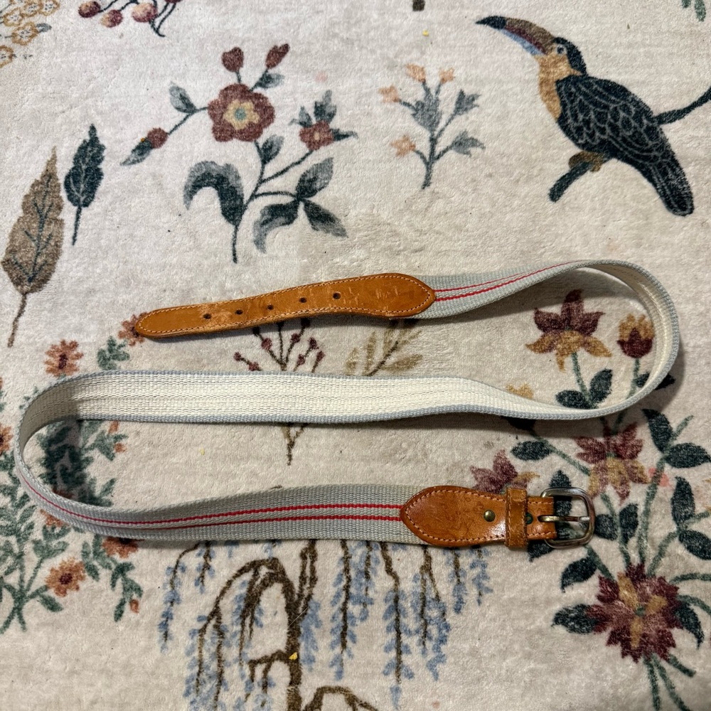 Vintage woven Tan and Cream with red stripes and leather accents Belt 39”